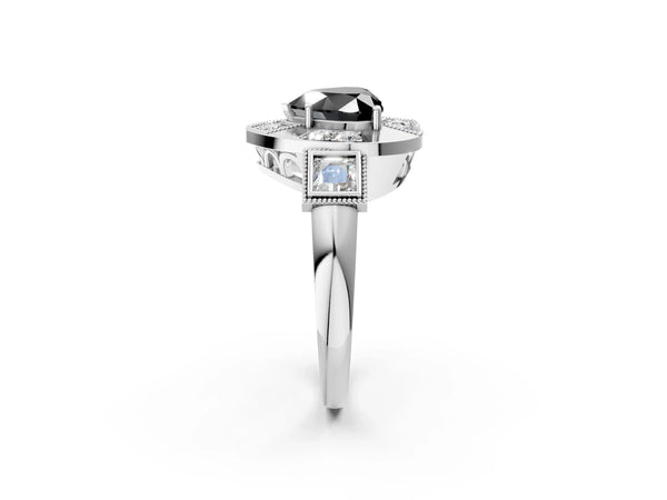 Platinum Heart-Shaped Vintage Milgrain Halo Engagement Ring Setting for Black Center
