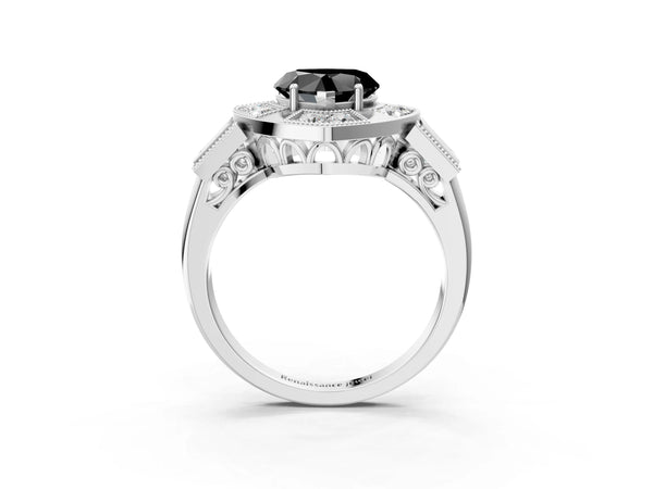 Platinum Heart-Shaped Vintage Milgrain Halo Engagement Ring Setting for Black Center