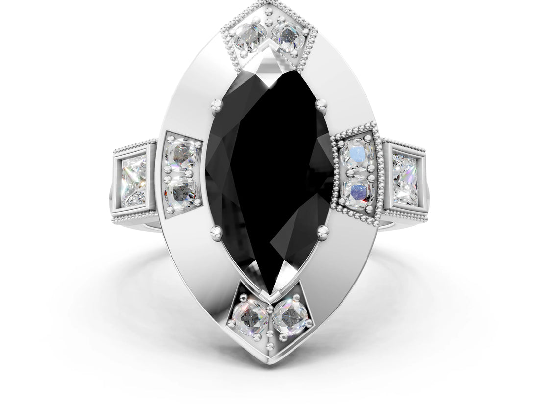 Platinum Milgrain Fancy Black Marquise Cut Diamond Halo Split Shank Ring_12