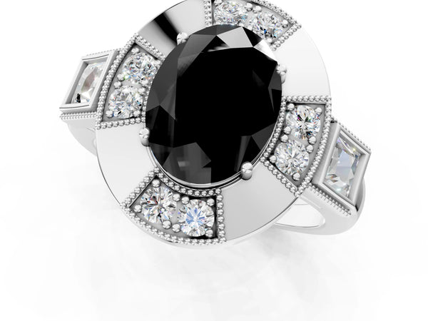 Platinum Oval Vintage Milgrain Halo Engagement Ring Setting for Black Center