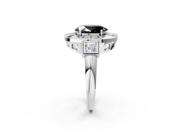 Platinum Oval Vintage Milgrain Halo Engagement Ring Setting for Black Center