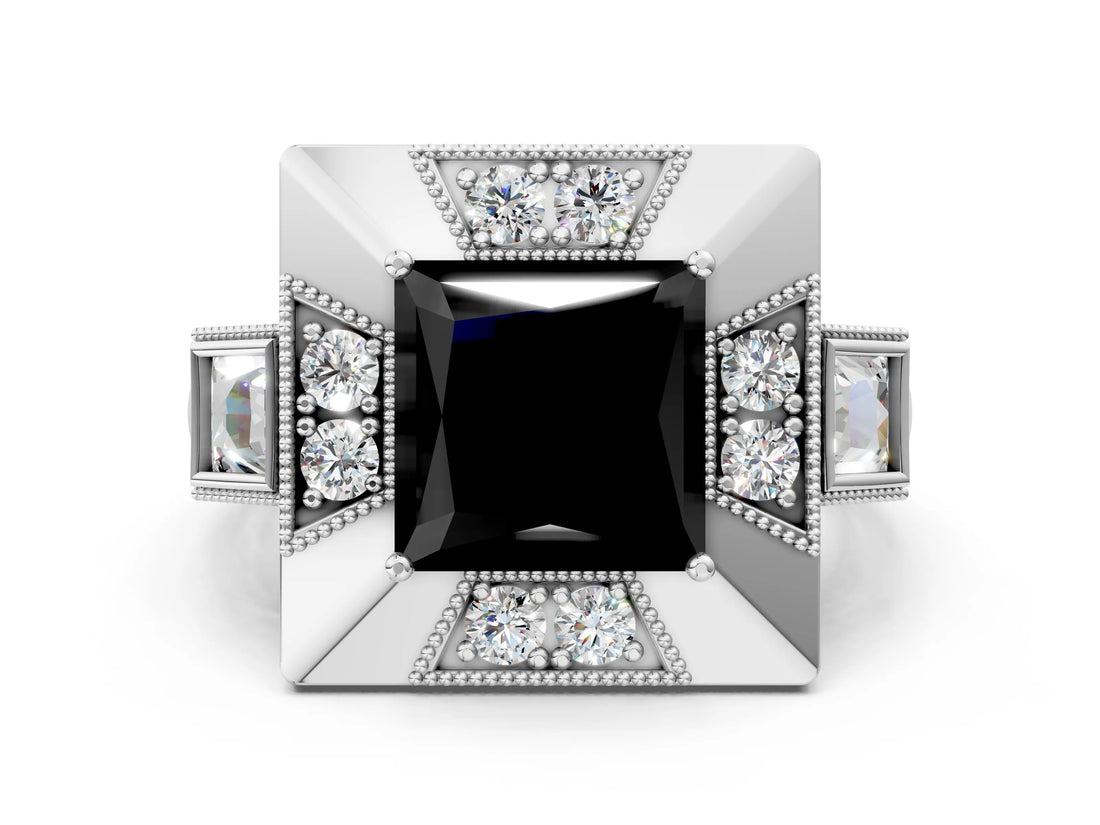 Platinum Milgrain Fancy Black Princess Cut Diamond Halo Split Shank Ring_6