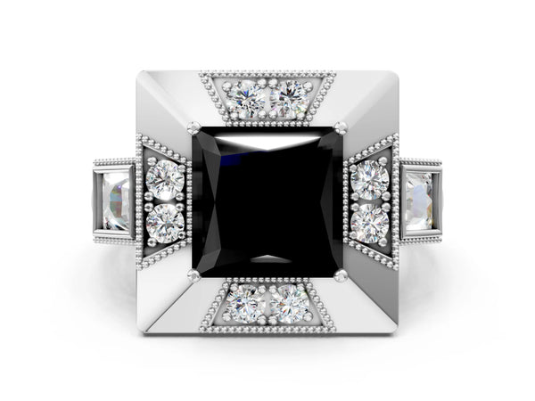 Platinum Princess Cut Vintage Milgrain Halo Engagement Ring Setting for Black Center
