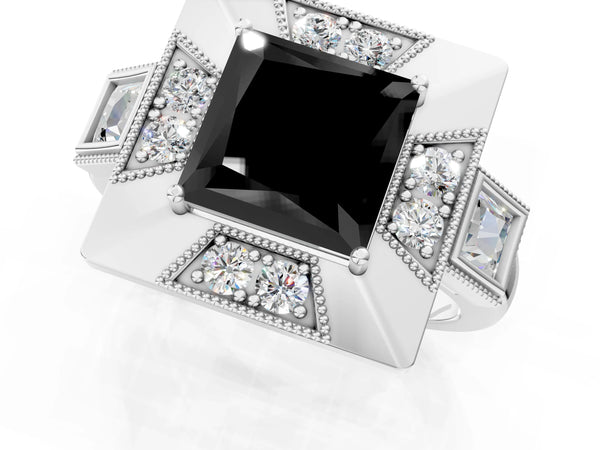 Platinum Princess Cut Vintage Milgrain Halo Engagement Ring Setting for Black Center
