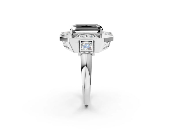 Platinum Radiant Cut Vintage Milgrain Halo Engagement Ring Setting for Black Center