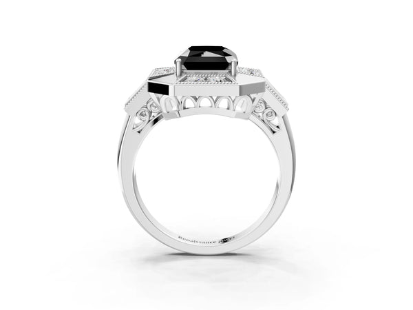Platinum Radiant Cut Vintage Milgrain Halo Engagement Ring Setting for Black Center