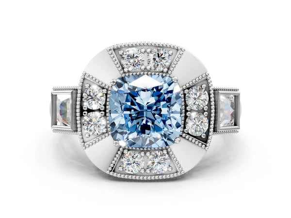 Platinum Cushion Cut Vintage Halo Engagement Ring Setting for Fancy Blue Center - Design RJ-711