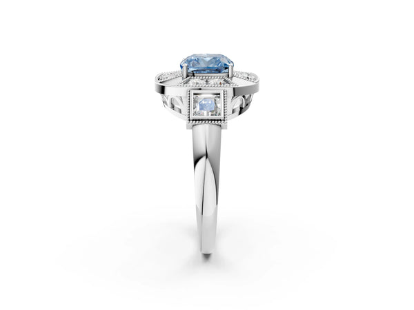 Platinum Cushion Cut Vintage Halo Engagement Ring Setting for Fancy Blue Center - Design RJ-711
