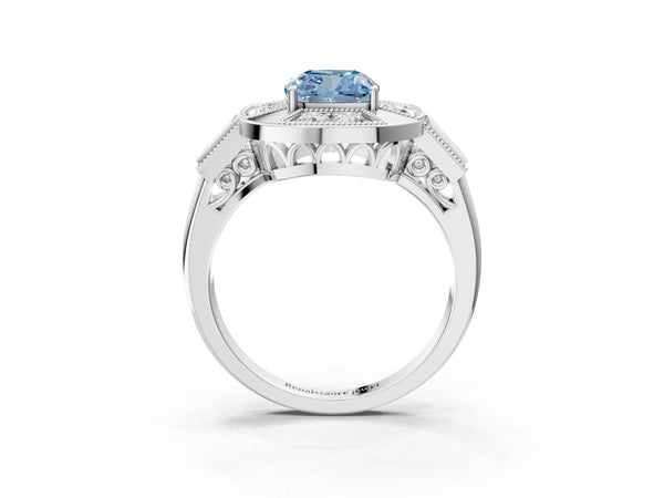 Platinum Cushion Cut Vintage Halo Engagement Ring Setting for Fancy Blue Center - Design RJ-711