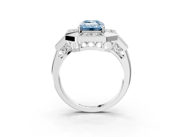 Platinum Emerald Cut Vintage Halo Engagement Ring Setting for Fancy Blue Center - Design RJ-711