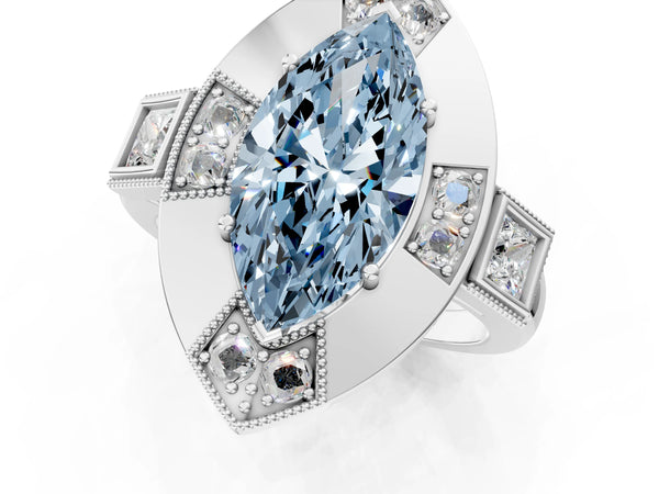 Platinum Marquise Vintage Halo Engagement Ring Setting for Fancy Blue Center - Design RJ-711