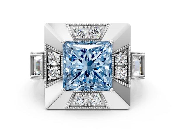 Platinum Milgrain Fancy Blue Princess Cut Diamond Halo Split Shank Ring