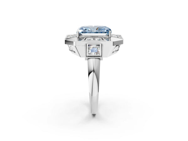 Platinum Milgrain Fancy Blue Radiant Cut Diamond Halo Split Shank Ring