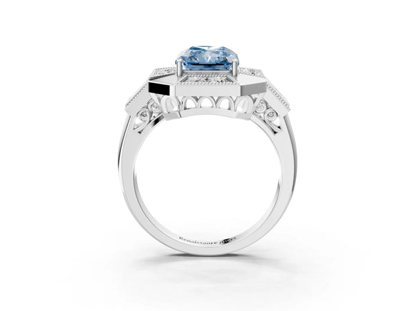 Platinum Milgrain Fancy Blue Radiant Cut Diamond Halo Split Shank Ring
