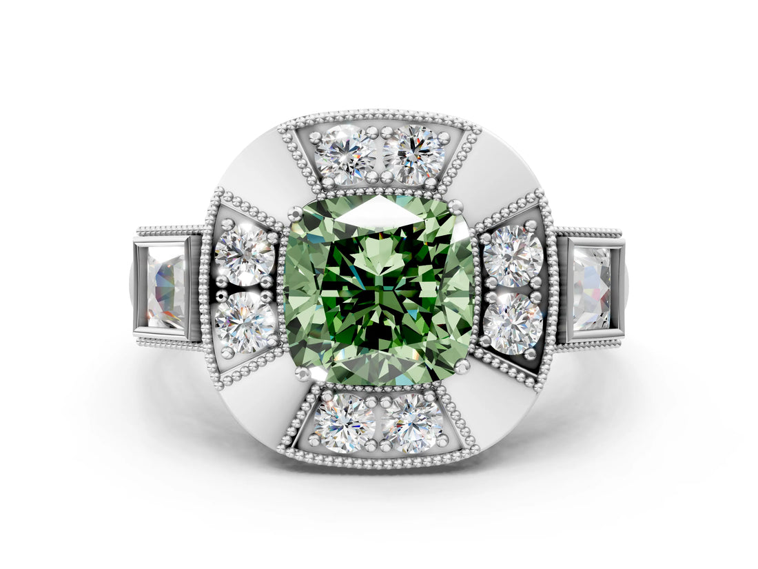 Platinum Milgrain Fancy Green Cushion Cut Diamond Halo Split Shank Ring_18