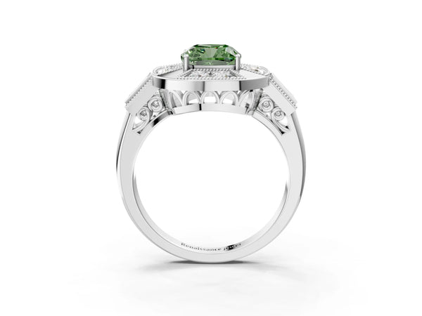 Platinum Cushion Cut Vintage Halo Engagement Ring Setting for Fancy Green Center - Design RJ-711