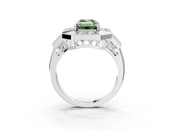 Platinum Emerald Cut Vintage Halo Engagement Ring Setting for Fancy Green Center - Design RJ-711