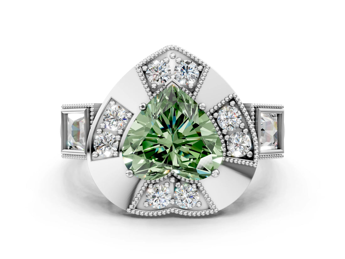 Platinum Milgrain Fancy Green Heart Cut Diamond Halo Split Shank Ring_18