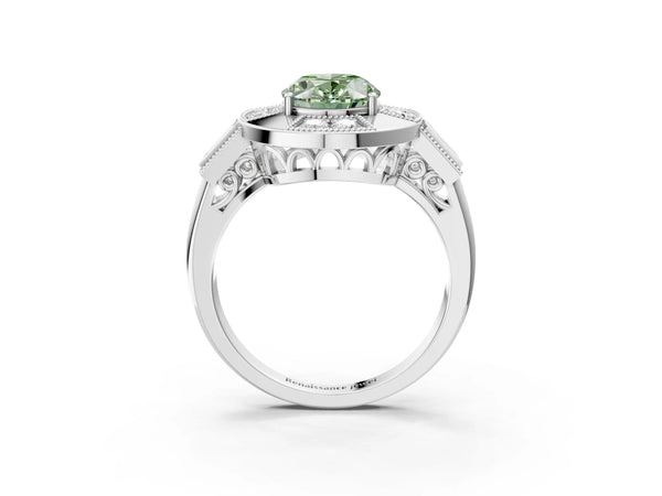 Platinum Oval Vintage Halo Engagement Ring Setting for Fancy Green Center - Design RJ-711