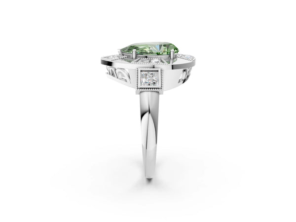 Platinum Pear-Shaped Vintage Halo Engagement Ring Setting for Fancy Green Center - Design RJ-711