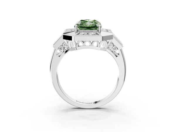 Platinum Radiant Cut Vintage Halo Engagement Ring Setting for Fancy Green Center - Design RJ-711