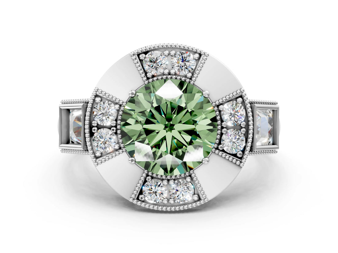 Platinum Milgrain Fancy Green Round Cut Diamond Halo Split Shank Ring_60