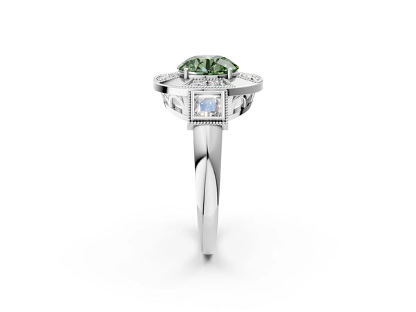 Platinum Round Vintage Halo Engagement Ring Setting for Fancy Green Center - Design RJ-711