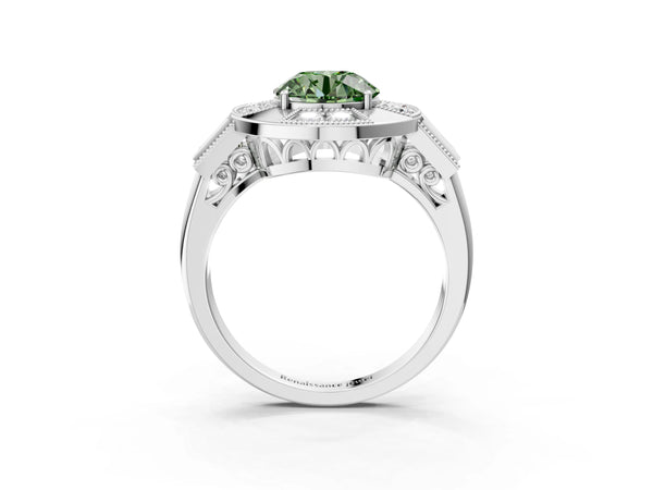 Platinum Round Vintage Halo Engagement Ring Setting for Fancy Green Center - Design RJ-711