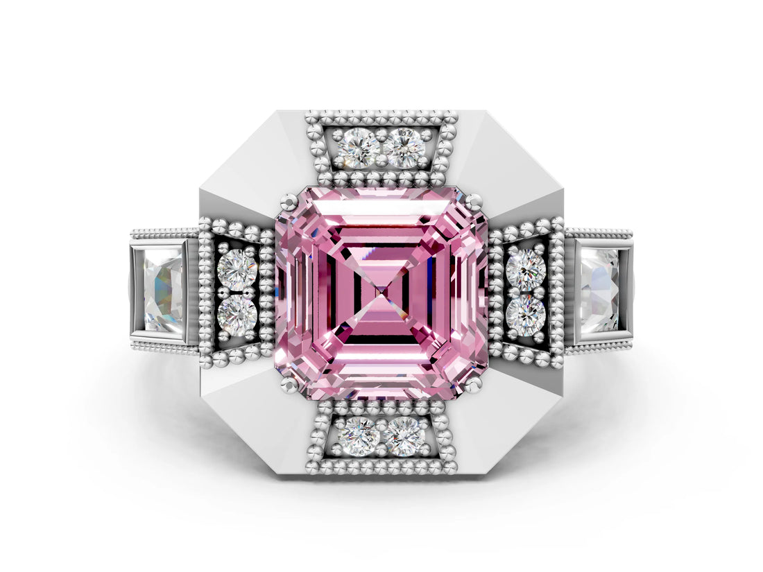 Platinum Milgrain Fancy Pink Asscher Cut Diamond Halo Split Shank Ring_12