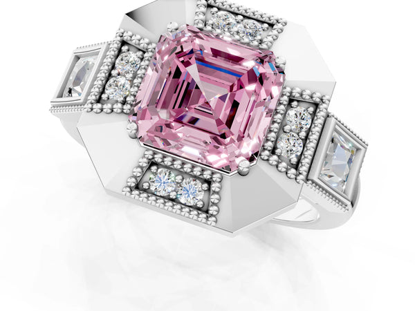 Platinum Asscher Cut Vintage Halo Engagement Ring Setting for Fancy Pink Center - Design RJ-711
