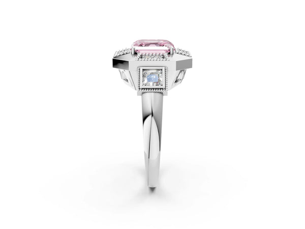 Platinum Asscher Cut Vintage Halo Engagement Ring Setting for Fancy Pink Center - Design RJ-711