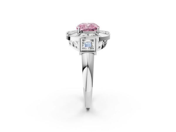 Platinum Cushion Cut Vintage Halo Engagement Ring Setting for Fancy Pink Center - Design RJ-711