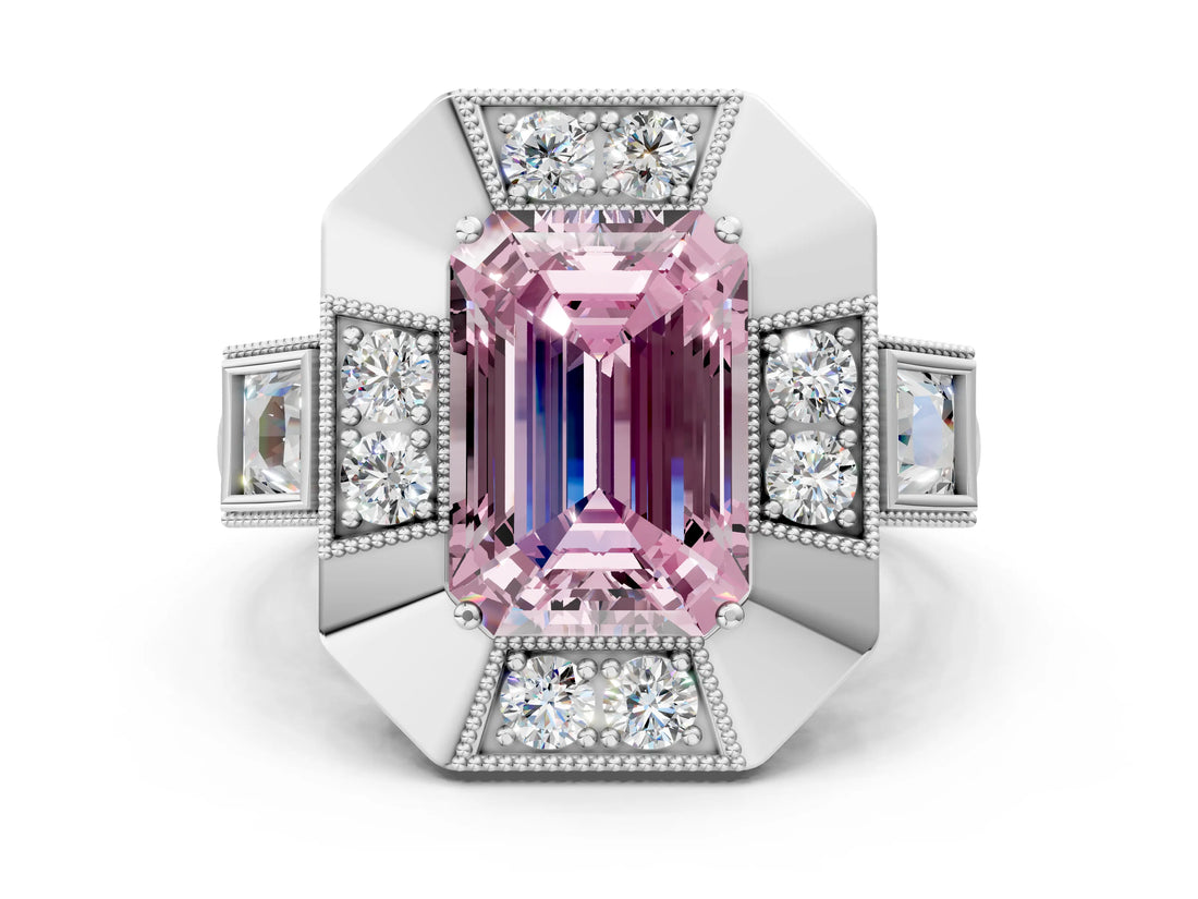 Platinum Milgrain Fancy Pink Emerald Cut Diamond Halo Split Shank Ring_6