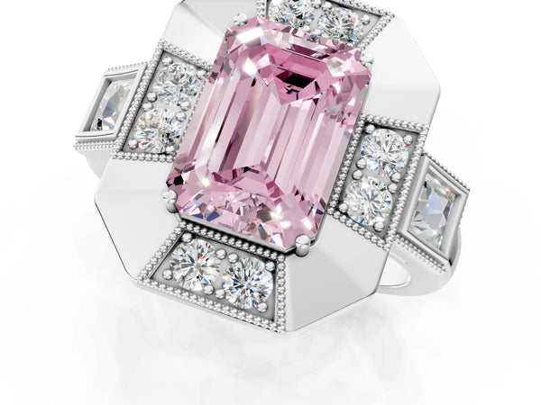 Platinum Emerald Cut Vintage Halo Engagement Ring Setting for Fancy Pink Center - Design RJ-711