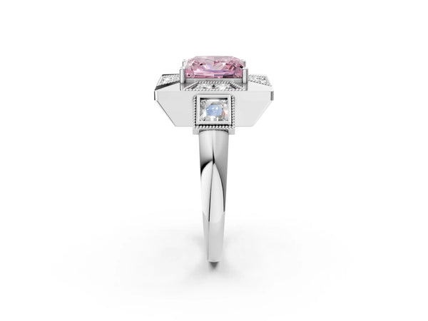 Platinum Princess Cut Vintage Halo Engagement Ring Setting for Fancy Pink Center - Design RJ-711