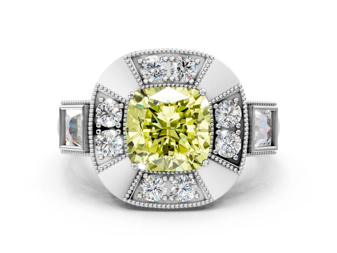 Platinum Milgrain Fancy Yellow Cushion Cut Diamond Halo Split Shank Ring_6