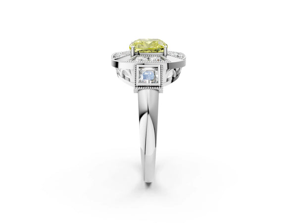 Platinum Cushion Cut Vintage Halo Engagement Ring Setting for Fancy Yellow Center - Design RJ-711