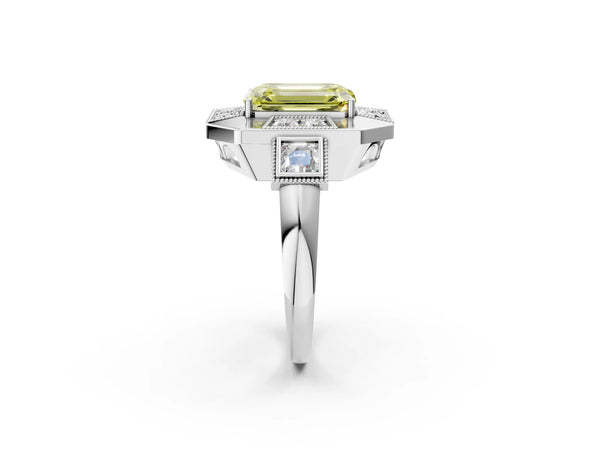 Platinum Emerald Cut Vintage Halo Engagement Ring Setting for Fancy Yellow Center - Design RJ-711