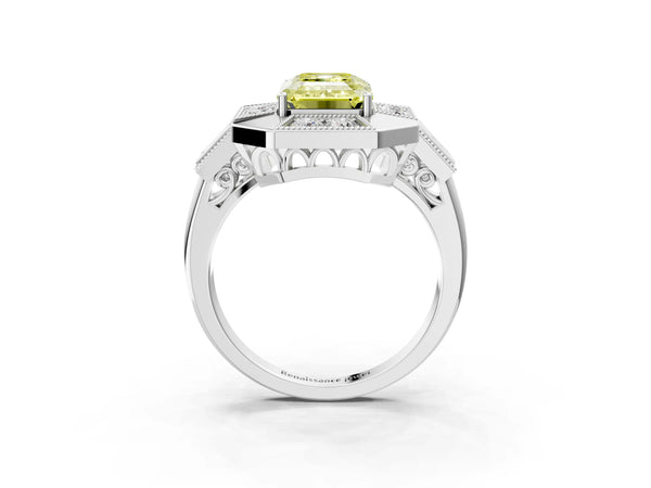 Platinum Emerald Cut Vintage Halo Engagement Ring Setting for Fancy Yellow Center - Design RJ-711