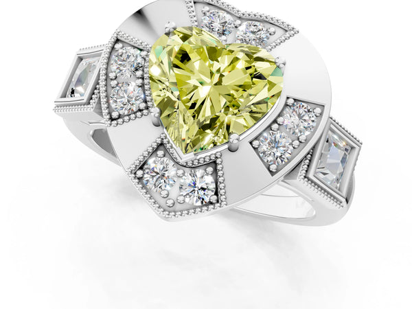 Platinum Heart-Shaped Vintage Halo Engagement Ring Setting for Fancy Yellow Center - Design RJ-711
