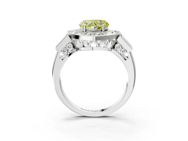 Platinum Heart-Shaped Vintage Halo Engagement Ring Setting for Fancy Yellow Center - Design RJ-711