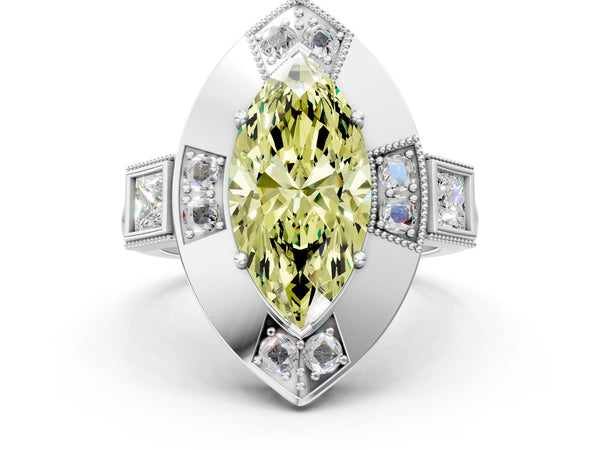 Platinum Marquise Vintage Halo Engagement Ring Setting for Fancy Yellow Center - Design RJ-711