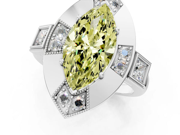 Platinum Marquise Vintage Halo Engagement Ring Setting for Fancy Yellow Center - Design RJ-711