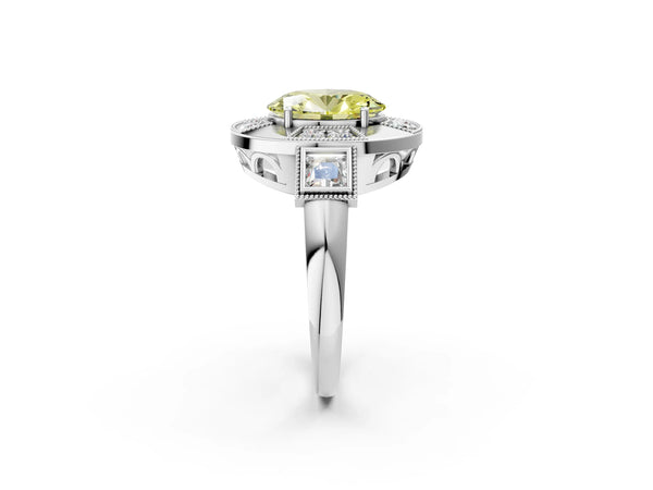 Platinum Oval Vintage Halo Engagement Ring Setting for Fancy Yellow Center - Design RJ-711