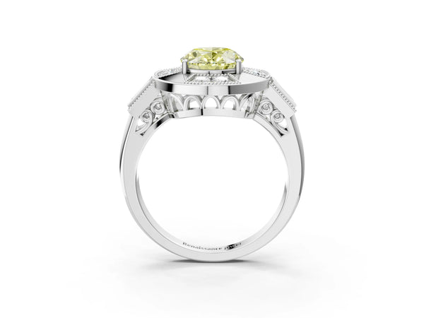 Platinum Oval Vintage Halo Engagement Ring Setting for Fancy Yellow Center - Design RJ-711