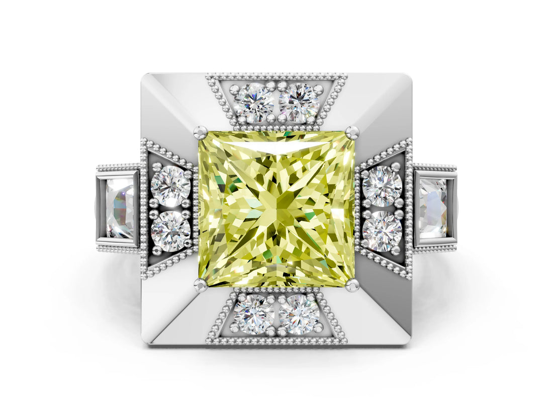 Platinum Milgrain Fancy Yellow Princess Cut Diamond Halo Split Shank Ring_12
