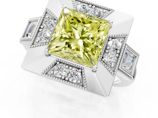 Platinum Princess Cut Vintage Halo Engagement Ring Setting for Fancy Yellow Center - Design RJ-711