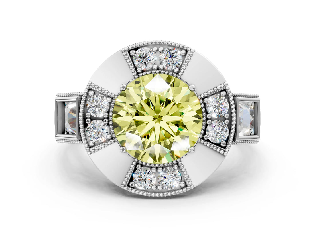 Platinum Milgrain Fancy Yellow Round Cut Diamond Halo Split Shank Ring_48