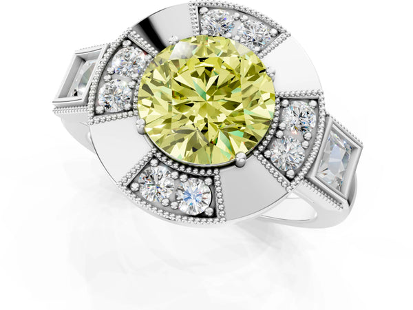 Platinum Round Vintage Halo Engagement Ring Setting for Fancy Yellow Center - Design RJ-711