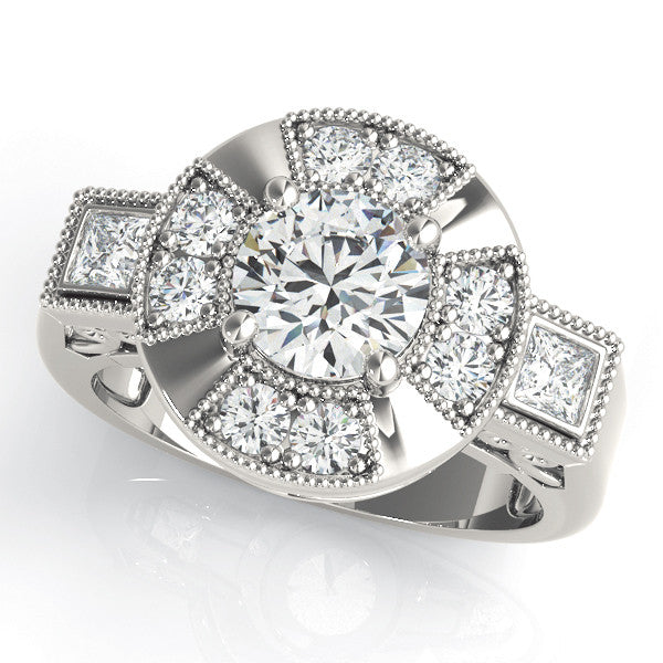 Platinum Milgrain Round Diamond Halo Split Shank Ring